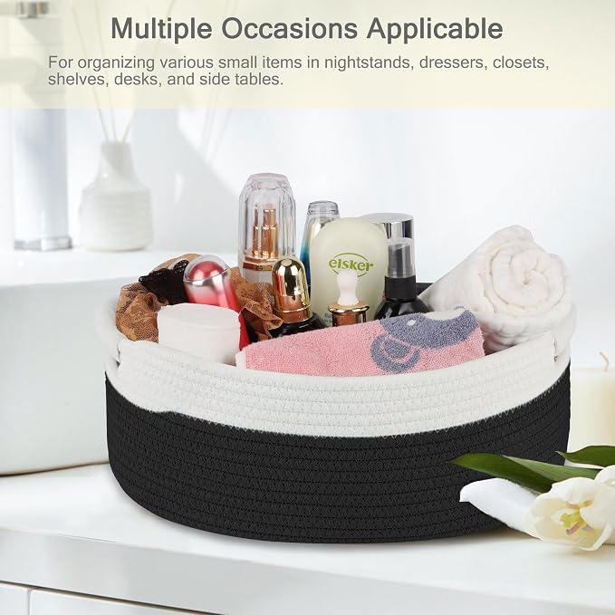 Small Woven Gift Basket with Bag & Ribbons, Black | Cotton Rope, 13”x 9”x 5.5”, Fits for Kids, Women & Men, Bedroom, Living Room, Nursery & Bathroom Storage, Cat & Dog Toy Boxes