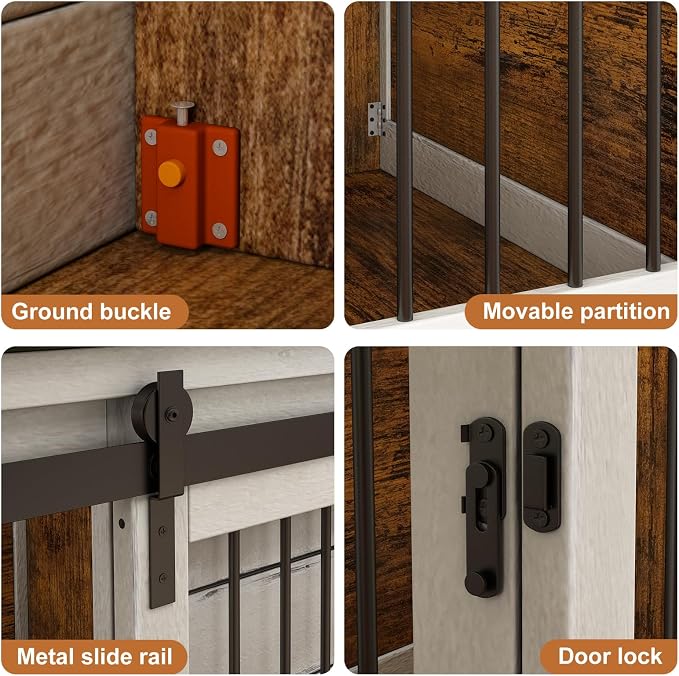 62" Farmhouse Dog Crate Furniture for 2 Large Dogs, Distressed White | Solid Wood Crate Furniture, Removable Divider, Dual Sliding Barn Doors, 2 Locks, Spacious Design, Heavy-duty TV Stand.