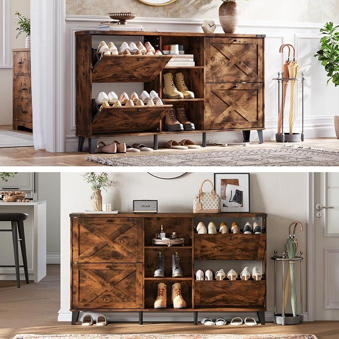LINSY 63" Farmhouse Shoe Storage Cabinet Brown | Tall Flip-Drawer Shoe Rack for Entryway, Adjustable Shelves for Boots, Heels & Sneakers Wood Finish with Sturdy Metal Legs