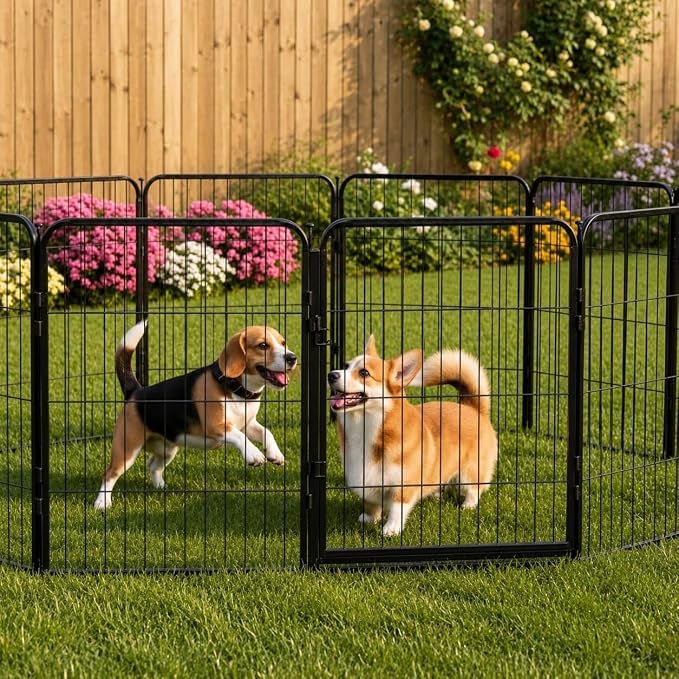 Dog Play Pen for Outdoor Use - 32'', 20 Panels for Small and Medium Size Dogs - Portable Playpen Kennel for RV, Camping, and Yard - Heavy Duty Pet Fence w/Black Rust Resistant Coating