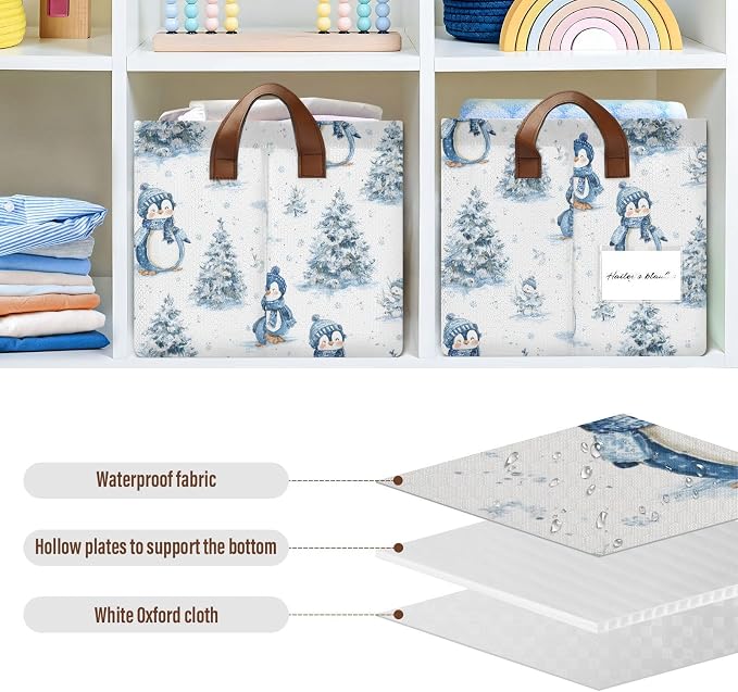 Snowman and Penguin Blue Winter Storage Basket Foldable Cube Storage Bins with Handles&Label Waterproof Collapsible Organizer Box Bin Large Rectangle Decorative Baskets for Shelves Home Room Laundry