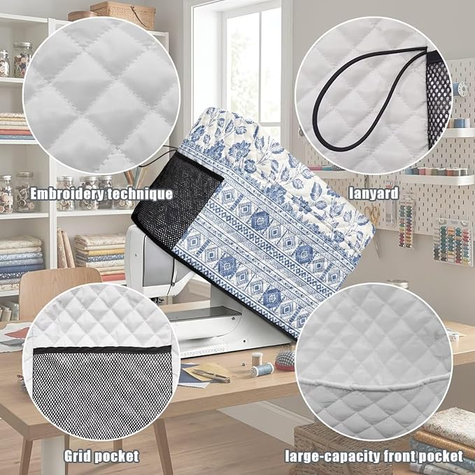 Sewing Machine Cover Polyester Febric Blue White Floral Ethnic | Dust Pet Hair Protection,Quilting Design,Fits Standard Singer,Brother Janome Machines,Protecting Decorating Your Sewing Space