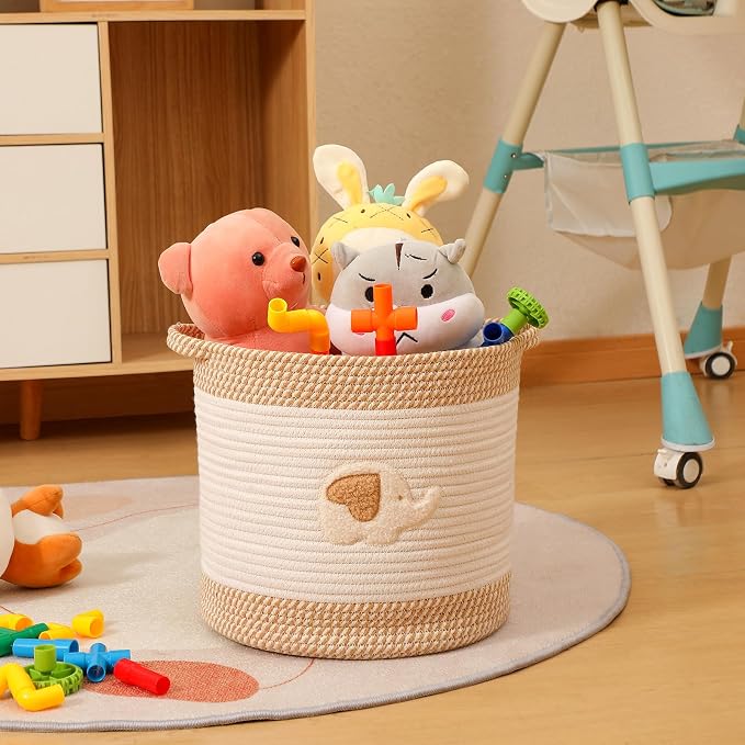 Toy Storage Baskets Woven Cotton Rope Storage Basket for Kids, Blanket Baskets for Living Room Toy Basket Box Toys Organizer with Embroidery Decor Cute Baskets for Nursery, Playroom (Elephant)