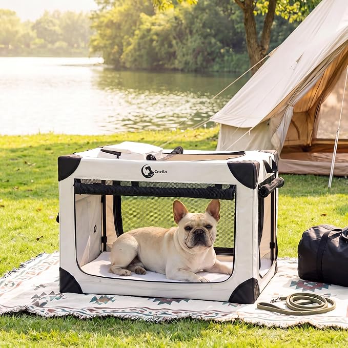 Portable Collapsible Soft Dog Crate for Small Dogs, 26in Grey | Oxford Cloth Travel Camping dog kennel with 4 Mesh Windows & 2 Storage Pockets,for Indoor & Outdoor Use