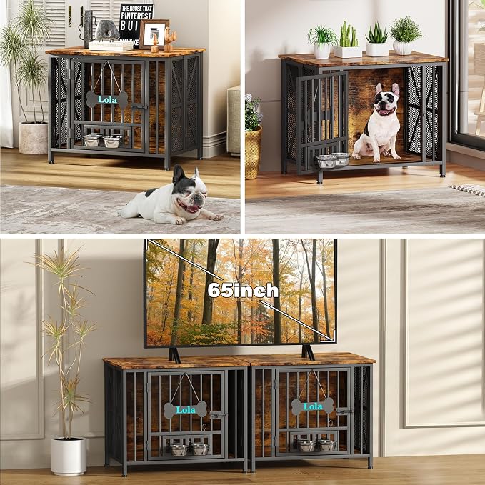 Easycom Dog Crate Furniture, 31.5" Assembly-Free Dog Crates for Small & Medium Dogs, Foldable Dog Kennel Indoor with Tag & Adjustable Dog Bowls, Wooden Dog Cage Use as End Table, Rustic Brown | Foldable Dog Crate Furniture, Wooden Dog Kennel Indoor