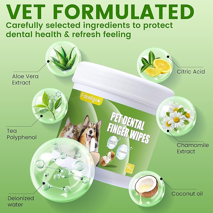 Dog Dental Care Wipes - Dog Teeth Cleaning Wipes & Pet Teeth Cleaning Wipes for Dogs & Cats - Reduces Plaque, Freshens Breath - Easy-to-Use Dog Dental Care Solution (60 PCS, Coconut)
