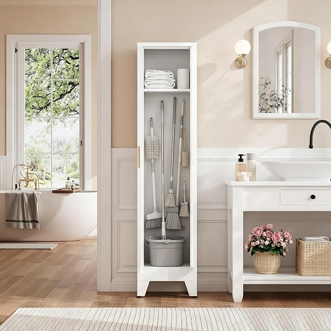 67" H Broom Closet Storage Cabinet,Metal Cleaning Cabinet,Narrow Storage Cabinets with 4 Adjustable Shelves,Slim Tall Floor Cabinet