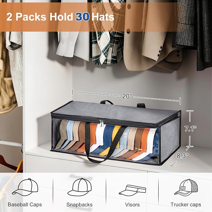 KIMBORA 2 PCS Wide Hat Storage for Baseball Caps Organizer with 2 Sturdy Handles Hat Racks Holder Grey Capbox Stackable for Home Travel