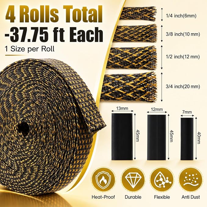 Tatuo 151 ft Braided Cable Sleeve Expandable Wire Sheathing(Gold, Black) | with 120 Heat Shrink Tubing 1/4 in 2/5 in 1/2 in 3/4 in Wire Sleeve Cord Management for Television Audio Computer Video Pets