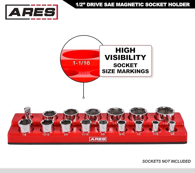 ARES 70236 16-Pc 1/2-In SAE Magnetic Socket Organizer | Part No. 70236; Holds 15 Sockets and 1 Socket Adapter; Keeps Your Tool Box Organized