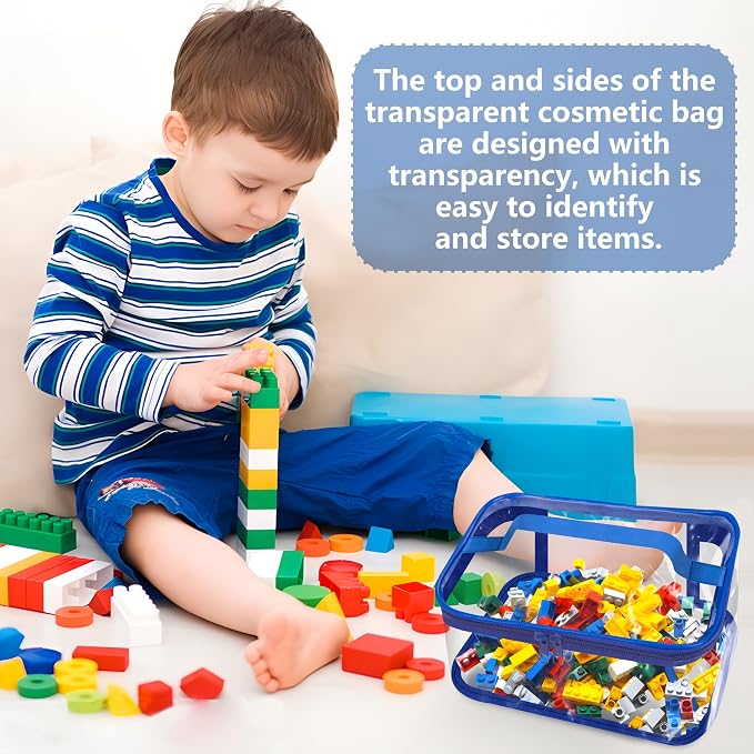 6 Packs Clear Toy Storage Bag, Waterproof PVC Toy Organized Bag with Zipper | 9"x 7"x 4" Transparent Toy Storage Organizer Pouch for Building Blocks Small Toys (Red, Blue, Yellow)