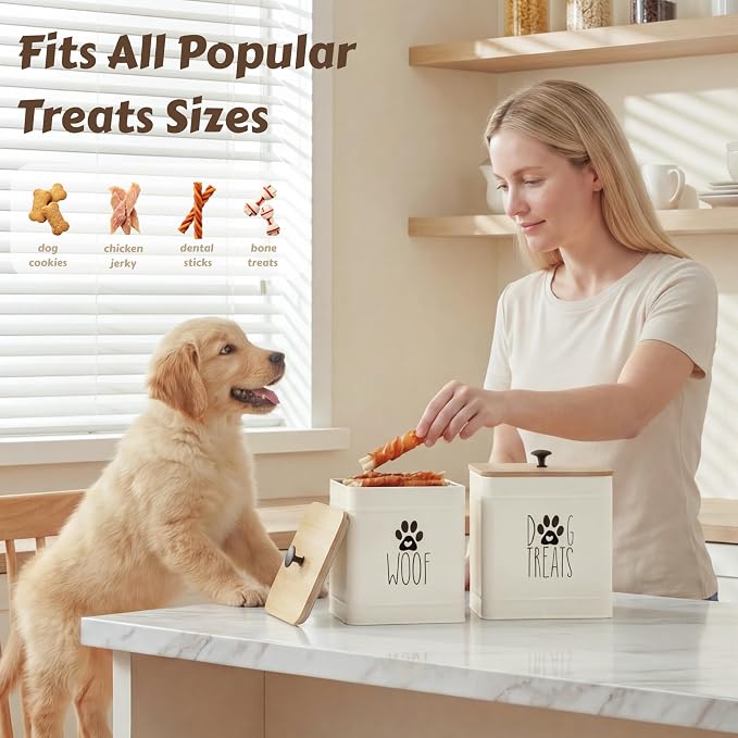 PERFNIQUE Dog Treat Container, Airtight Dog Treat Jar Set of 2, Dog Cookie Jar for kitchen Counter, Pet Treat Container, Dog Treat Canister and Storage, 7.8x6.2 & 7.3x5.5(White)