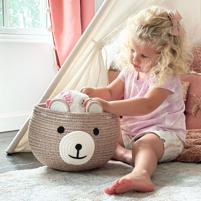 CherryNow Baby Basket for Gifts Empty, Cute Bear Design, Light Brown | 10.5" x 8.5" Baby Shower Basket for Kids Boys Newborn Storage, Toy Basket for Living Room Nursery Décor, Soft Cotton Rope