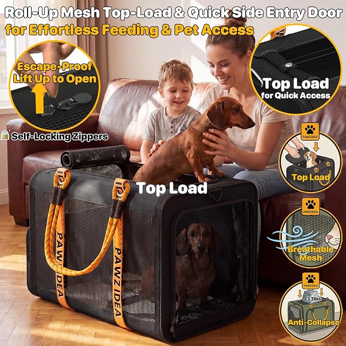 PAWZIDEA Expandable Large Pet Carrier with Wheels, 24x16x16 in Rolling Cat Carrier for 2–4 Cats up 55lb, Soft-Sided Collapsible Small Medium Dog Crate for Car Travel, Telescopic Handle, Storage Pocket
