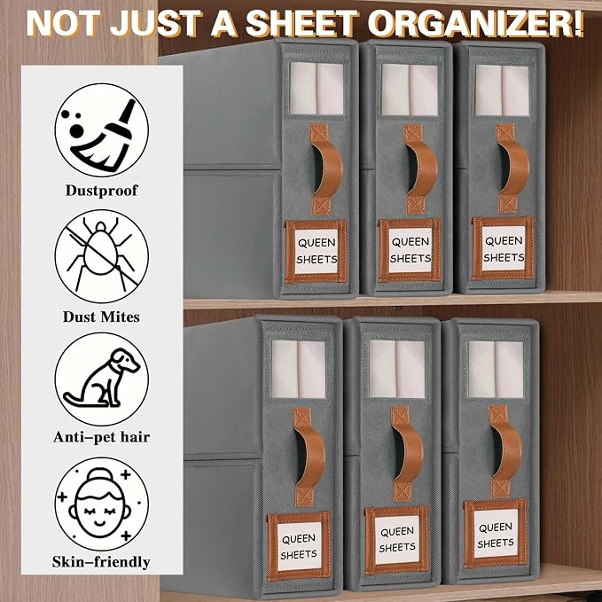 GhvyenntteS Bed Sheet Organizers and Storage, 4 Pack Closet Organizer | Foldable 800D Thickened Fabric, Clear Window & Labels, Leather Handle, Dust & Moisture Proof, Fits King & Queen Sheet Sets