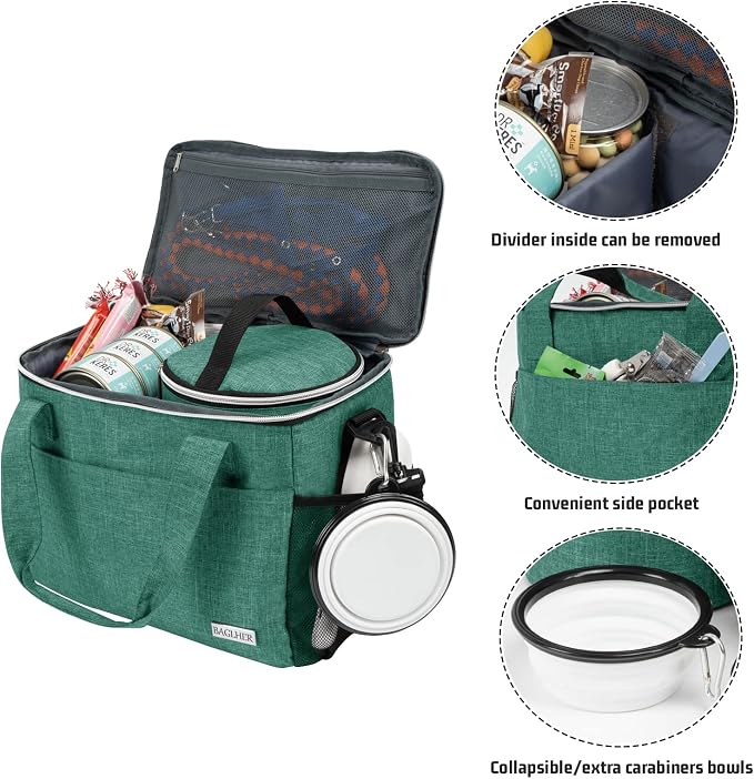 BAGLHER Dog Travel Bag Backpack Pet Supplies Backpack Pet Accessories Storage Bag 5-Piece Set With Shoulder Strap 2 Lined Pet Food Containers 2 Foldable Feeding Bowls Essential Kit for Pet travel