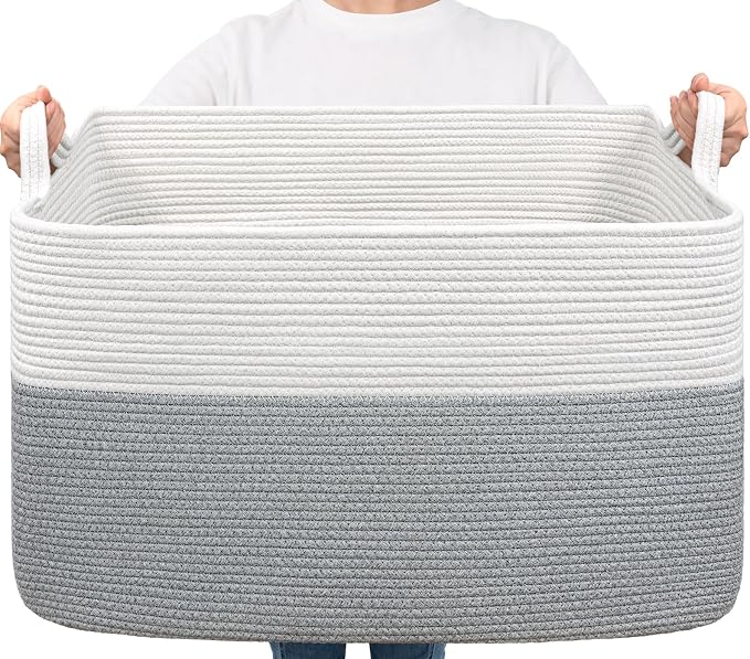 Goodpick 85L Large Woven Rope Blanket Basket, Rectangle, White Gray | 23.6'' x 15.7'' x 13.8'' Storage Basket for Blankets & Pillows, Living Room & Bedroom Organization, Reinforced Handles