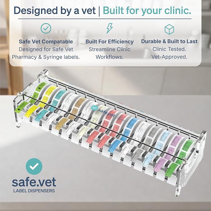 Veterinary Syringe Label Dispenser by Safe Vet | Countertop Injectable & Pharmacy Label Organizer for Vet Clinics, ICU, Surgery & Anesthesia (15 Slots)