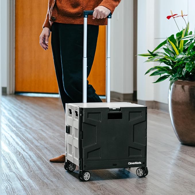 CleverMade Collapsible Rolling Crate with Lid, 35L, 4-Wheel, Cool Gray | Move Heavy Supplies in Any Direction | Four Swivel Wheels and a Telescoping Handle Guide 75 lb, Then Fold to 3.5 Inches