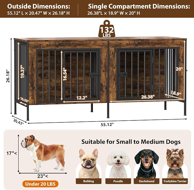EasyCom 55" Wooden Double Dog Crate Furniture, Removable Divider, Brown | Raised Legs, For 1–2 Small to Medium Dogs, Multiuse TV, Plant & Display Stand