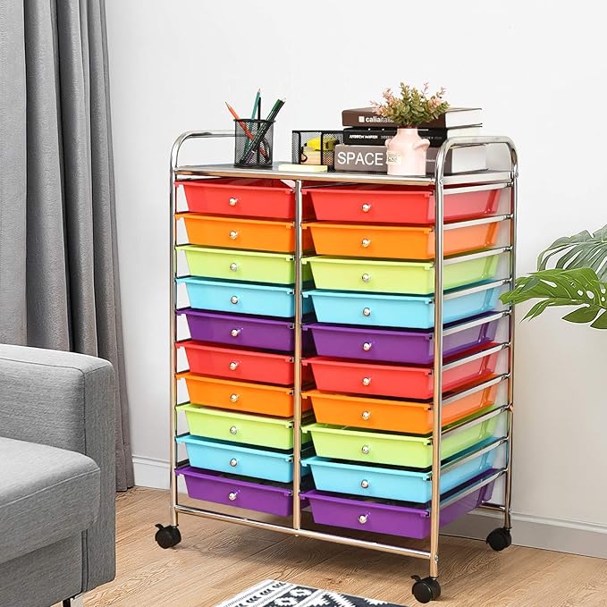 20 Drawer Rolling Storage Cart, Art Cart Organizer with Wheels for Makeup, Tool, Paper, Multipurpose Craft Storage Cart with Drawers for Office, Home, Classroom, Teacher, School (Multi-Color)
