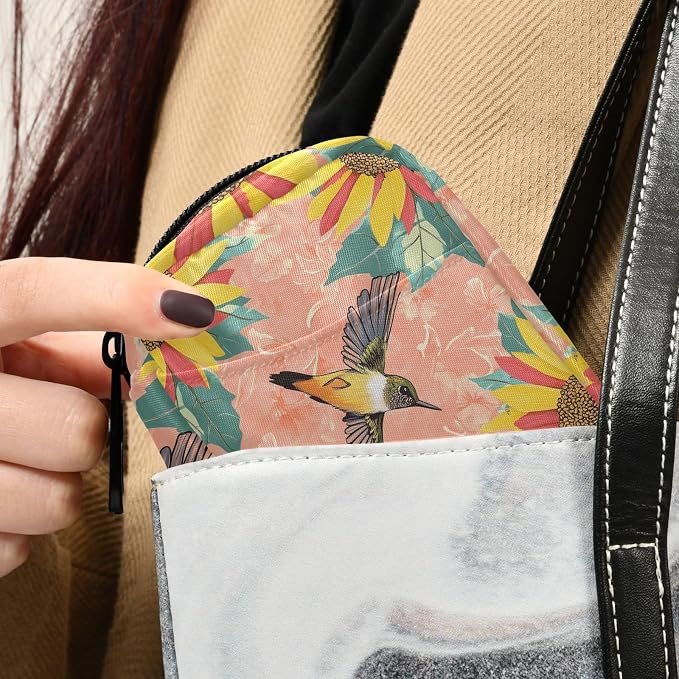 Fustylead Retro Hummingbird and Sunflower Pill Organizer for Purse, Weekly Portable Pill Box with Zipper to Storage Vitamins Fish Oils Medications Supplements