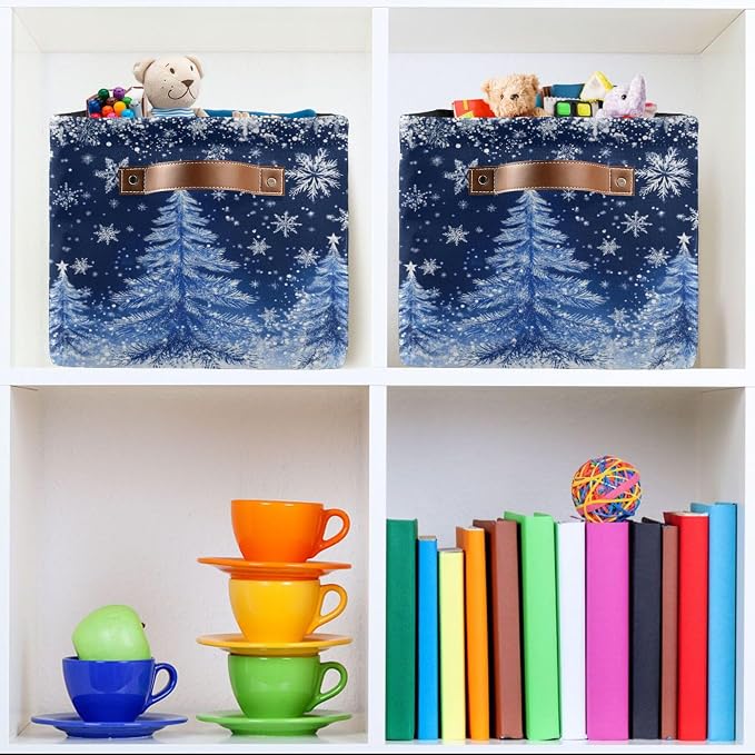 Blue Christmas Tree Storage Basket with Waterproof Liner and PU Handles Sliver Winter Snowflake Xmas Storage Boxes 14.2" Collapsible Decorative Organizer Baskets for Bedroom Closet Office 1 Pack
