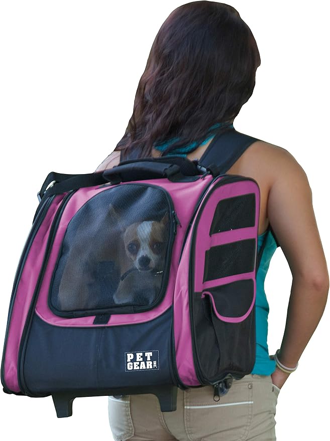Pet Gear I-GO2 Traveler Roller Backpack, Travel Carrier, Car Seat for Cats/Dogs, Mesh Ventilation, Included Tether, Telescoping Handle, Storage Pouch, Pink