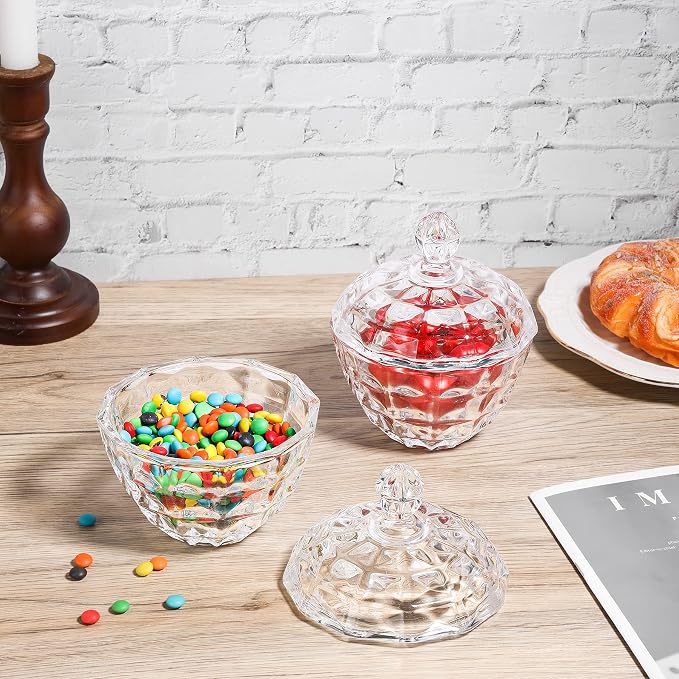 ComSaf 9oz Glass Candy Dish with Lid for Office Desk Small Jar Crystal | Covered Candy Storage, Coffee Table Office Desk Bathroom Vanity Decor, Countertop Display, Small Size, Wedding Favors