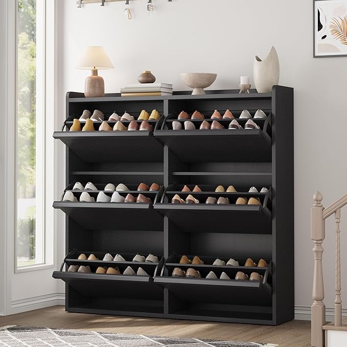 GarveeHome Shoe Cabinet with 6 Flip Drawers, Wooden Shoe Organizer Cabinet with Adjustable Shelf, Shoe Storage for Entryway, Hidden Shoe Cabinet for Hallway, Living Room, Black