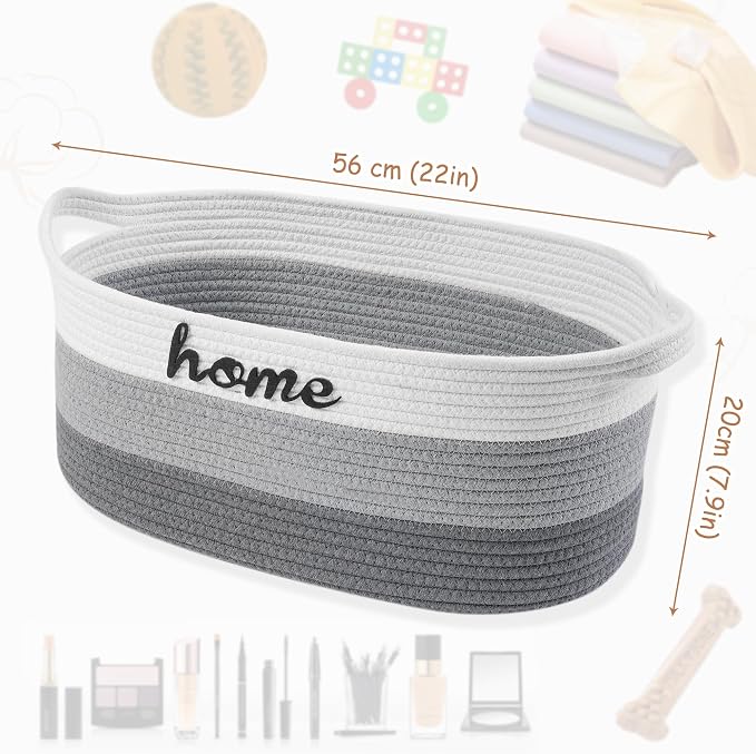 Dog Toy Basket Small Woven Baskets for Organizing Rope 22"X11"X7.9" Large Storage Basket with Handle Cute Cotton Nursery Gift Dog Toy Bins Organizer-Light Gray