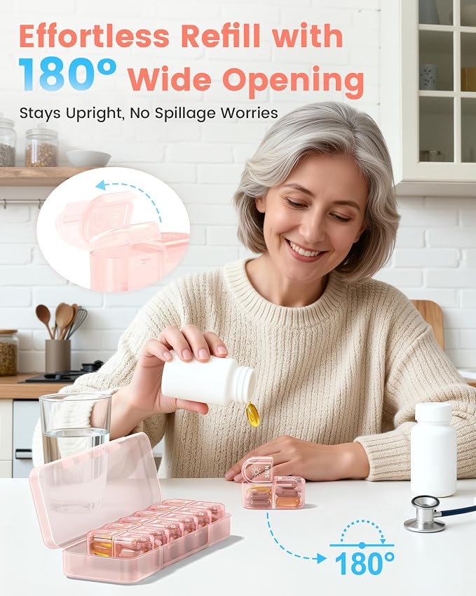 Pillex Weekly Pill Organizer 2 Times a Day, Daily AM PM Pill Box Case 7 Day with Large Openings for Easy to Use, Travel Medicine Container for Medication, Vitamins, Supplements - Pink