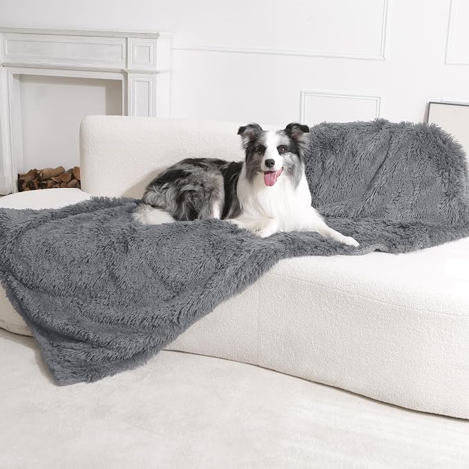 gogobunny Waterproof Dog Blanket for Couch & Furniture Protection - Super Soft Reversible Throw for Large Dogs & Cats, Calming Washable Fur & Sherpa Pet Blanket (33x77 Inch, Light Grey)