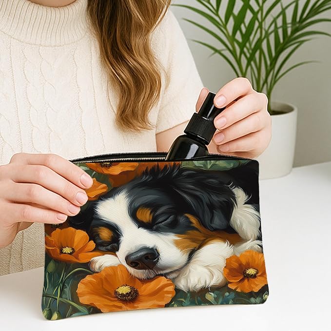 Fall Bernese Mountain Dog Makeup Bag, Funny Autumn Poppy Flowers Printed Cosmetic Travel Pouch for Women Girls, Pet Portable Small Canvas Zipper Organizer 7x9 Inch