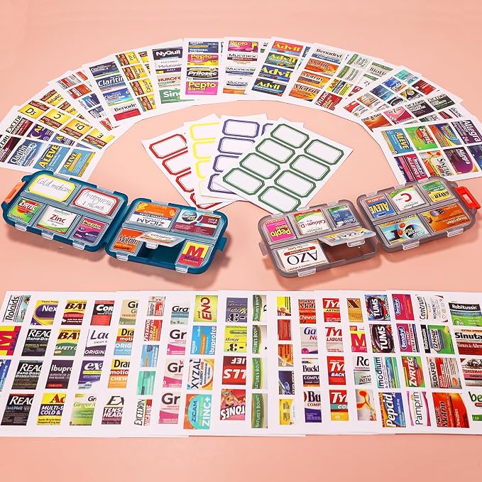 383Pcs Pill Organizer Medicine Labels, Pre-Cut Medicine Stickers Travel Daily Pill Container Labels with 34 Sheets Pill Box Labels Pill Organizer Stickers of Brands+4 Sheets Blank Stickers(351+32PCS)