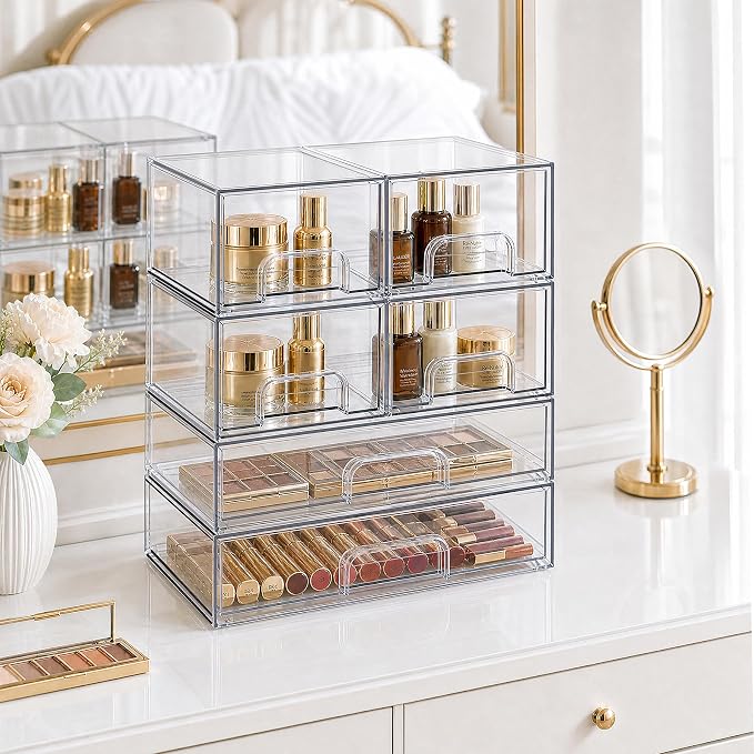 Clear Stackable Storage Drawers, Acrylic Bathroom Makeup Organizer, Plastic Bins for Art Tool & Sketch, Sturdy and Durable Containers for Countertop, Cabinet, Vanity, Pantry Organization