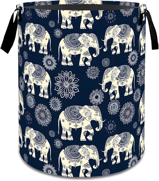 Retro Elephant Mandala Laundry Basket,Boho Dirty Clothes Hamper,Ethnic Animal Storage Bin Gifts,Foldable Waterproof Oxford Cloth Baskets for Bathroom,Bedroom,Home Decoration(19.7" x 15.7")