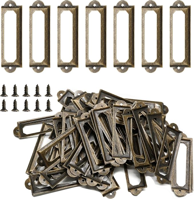 50 PCS Metal Label Holders 60x17mm Antique Bronze with Screws | Iron Bronze-Plated Rust-Proof, 60x17mm Fits 44x10mm Label, Screws Included, For Cabinet Drawer File Box