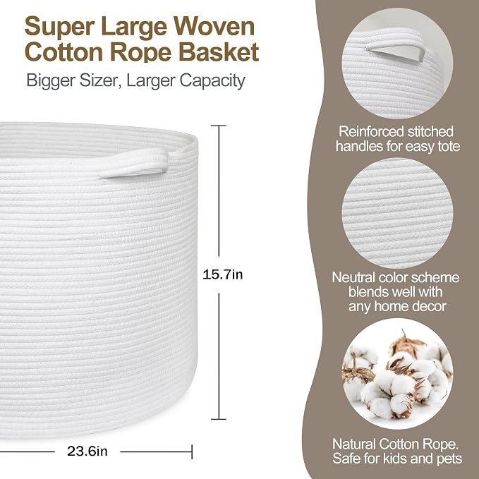 115L White Cotton Rope Storage Basket, 23.6"x15.7" Extra Large Blanket Storage Living Room, XXXL Soft Toy Bin for Organizing, Woven Baby Laundry Basket with Handle, Wicker Hamper Nursery