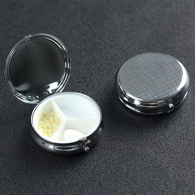 Small Travel Pill Box, Manatee Underwater Round Metal Organizer, 3-Compartment Case for Fish Oil, Pocket Purse Dispenser for Vacation