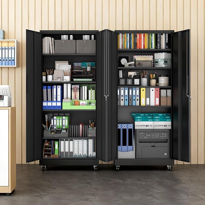Metal Storage Cabinet for Garage, Tool Cabinet, Utility Cabinet | with Wheels, Tall Tool Cabinet, Lockable, 2 Doors, 4 Adjustable Shelves, Assembly Required, Black