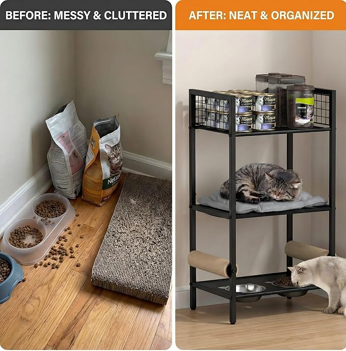Cat Feeding Station Furniture with Scratching Post, 3-Tier Cat Food Organizer & Storage, Raised Feeding Stand with 2 Stainless Steel Bowls, Space-Saving Cat Shelf for Small Spaces, Black
