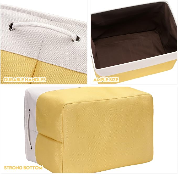 Sea Team Oversized Rectangle Canvas Open-Top Storage Baskets, 3-Pack | Collapsible Fabric Storage Bins with Handles, Closet Shelf Organizers, 22 x 15 x 13 Inches, Yellow & White