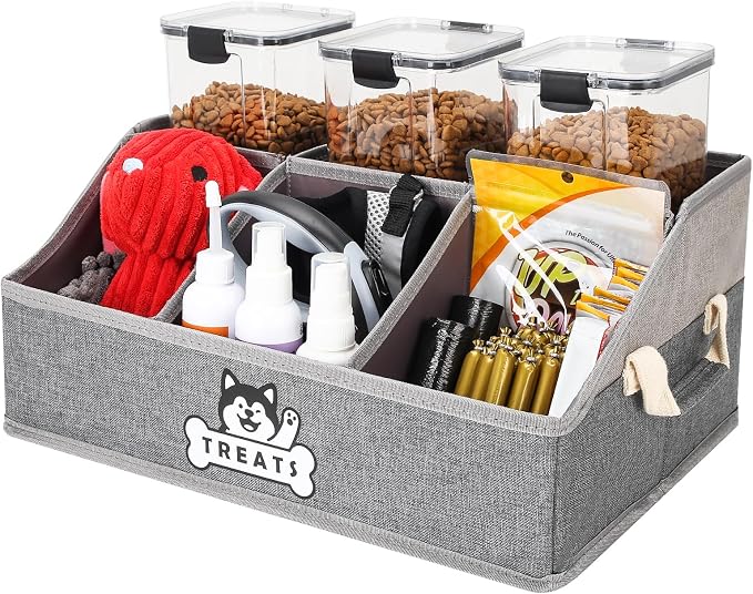 Dog Treat Storage Organizer for Countertop with Fabric Handle and Dividers | Collapsible Dog Treat Container for Living Room Area, Trapezoid Storage Basket for Pet Supplies with Adjustable Dividers