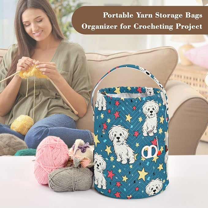 Fustylead Hand Draw Cartoon Maltese and Red Yellow Stars Large Crochet Organizer, Durable Polyester Drawstring Basket Yarn Storage Bag for Crochet Hooks, Knitting Needles, Project and Sewing Supplies