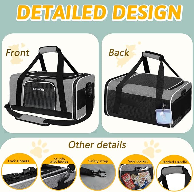 Small Pet Carrier 17" L x 11" W x 9.5" H Airline Approved, Grey | for Alaska Airlines, Lockable Safety Zippers and Anti-Scratch Mesh, Pets Under 10 lbs