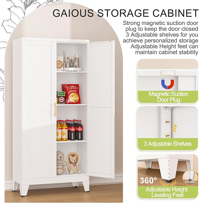 GAIOUS Metal Pantry Cabinet, Kitchen Pantry Storage Cabinets with 2 Door | and 3 Adjustable Shelves, White Kitchen Pantry Cabinet, Freestanding Cupboard for Dining Room Living Room Bathroom