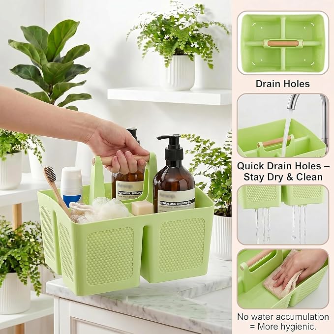 Haundry Plastic Green Shower Caddy Basket with 3 Compartments, Portable Divided Bathroom Cleaning Caddy Organizer Storage Tote with Handle for Dorm, College, Room Essentials