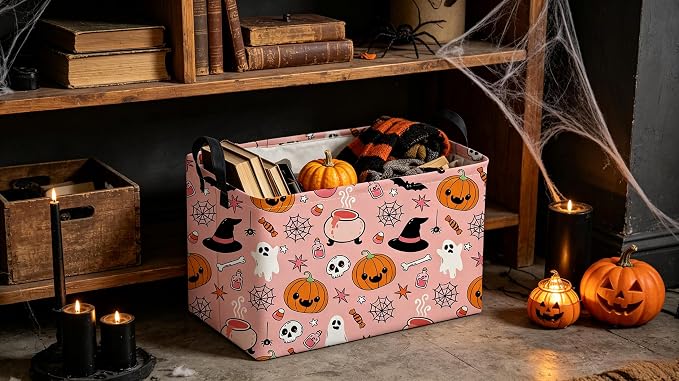 Sanjiaofeng Rectangular Pink Halloween Horror Ghost Storage Basket,Scary Pumpkin Basket,Halloweens Party Baskets,Halloween Candy Storage Baskets with Handles(Smiley Pumpkin)