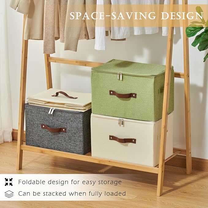 Storage Bins with Zipper Lids Decorative Lidded Baskets Boxes | Clothes Container, Closet Shelf Organizer, Foldable Washable, Cotton Linen Fabric, w/ PU Leather Handles, Gray, Large